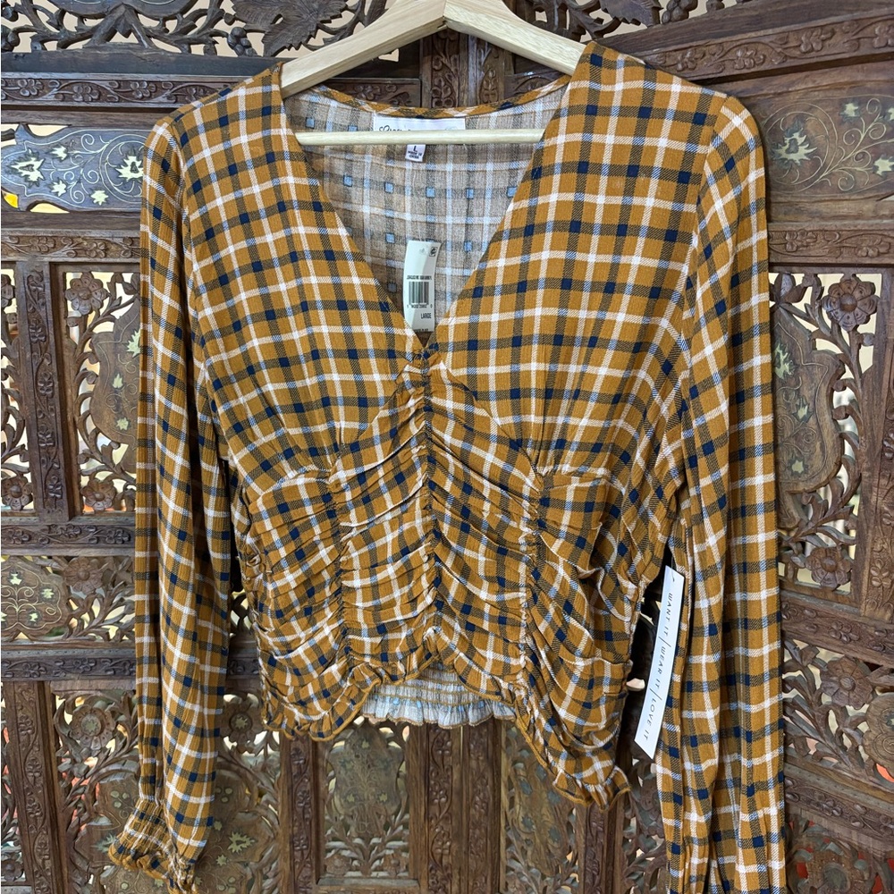 Rave Mustard Plaid V-Neck Blouse